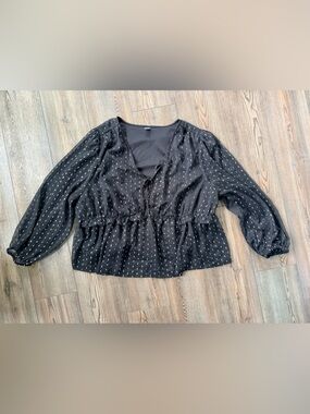 Old Navy Black Peplum Blouse with White Dot Print and see through sleeves!